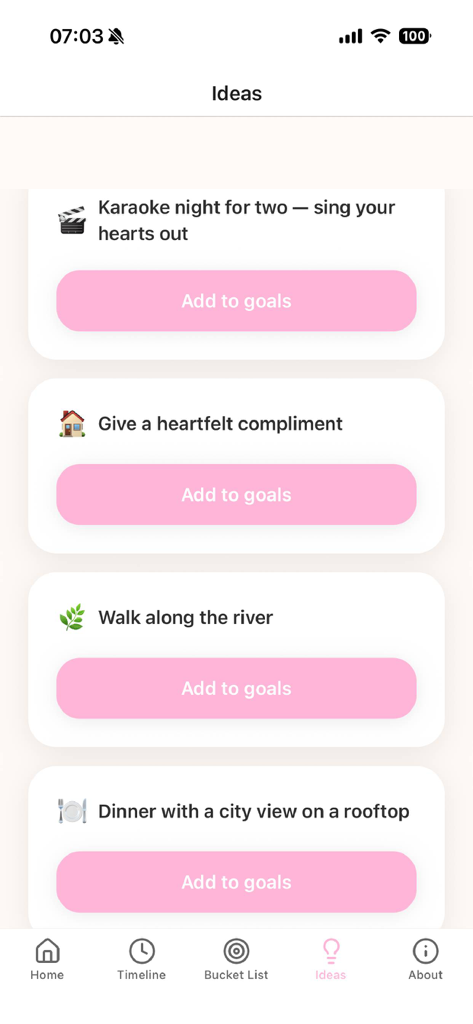 Twyne Moments - The ideas screen of the Twyne Moments app featuring relationship activities like karaoke night and dinner dates with buttons to add them to shared goals