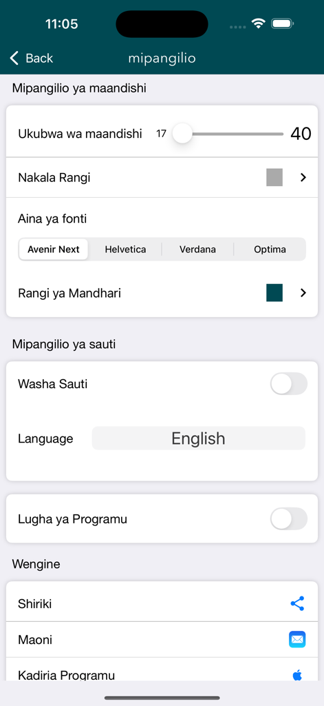 Biblia Takatifu - Interface des paramètres de l'application Biblia Takatifu proposant la personnalisation du texte et les options audio.