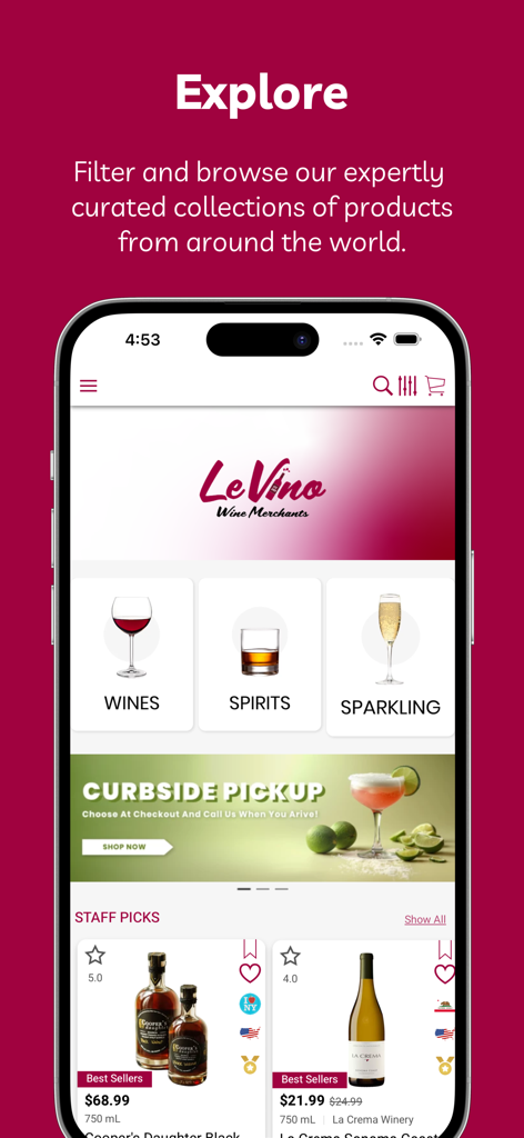 The explore screen of LeVino Wine Merchants app featuring wine spirits and sparkling categories