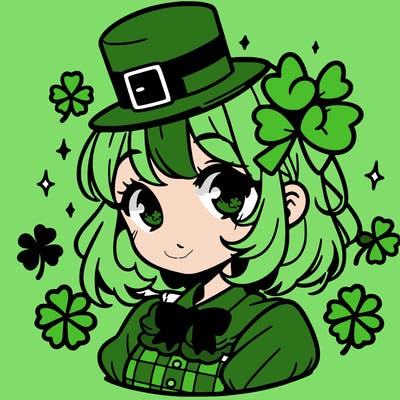 a manga-style girl with clovers around her, a little hat in her hair, like it's saint patrick's day