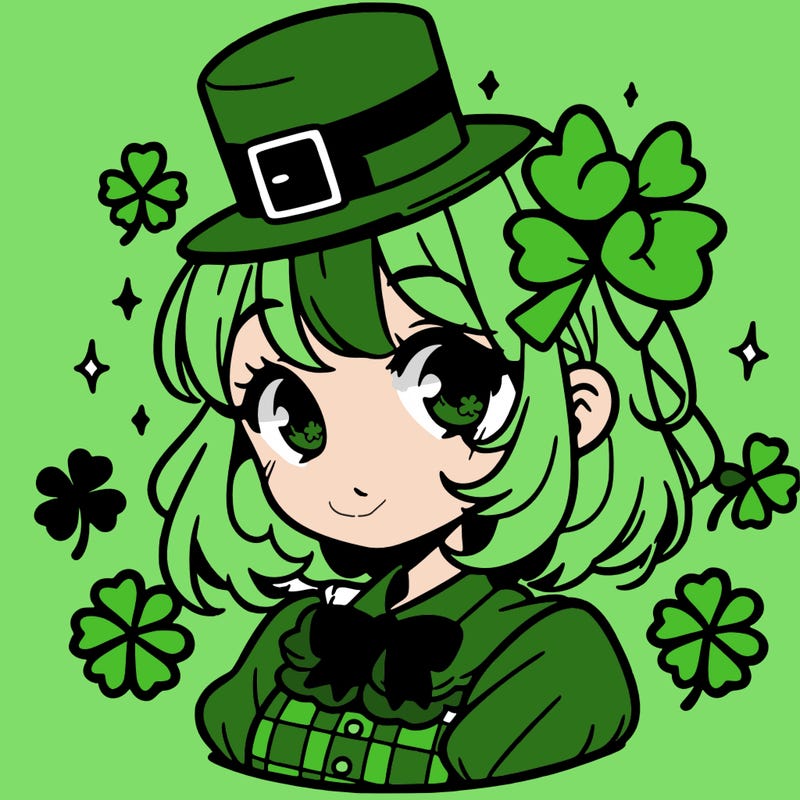 a manga-style girl with clovers around her, a little hat in her hair, like it's saint patrick's day