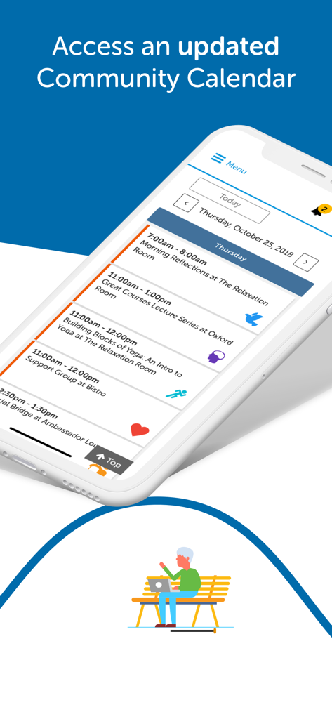 Go Icon Community App - Smartphone screen displaying the Go Icon Community App calendar with scheduled daily activities for residents.