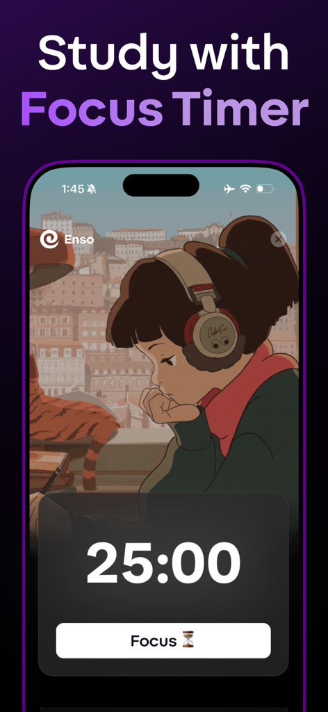 Enso - Social Media Blocker - Interfaz del temporizador de enfoque de la aplicación Enso con una cuenta regresiva de 25 minutos e ilustración de estudio lofi