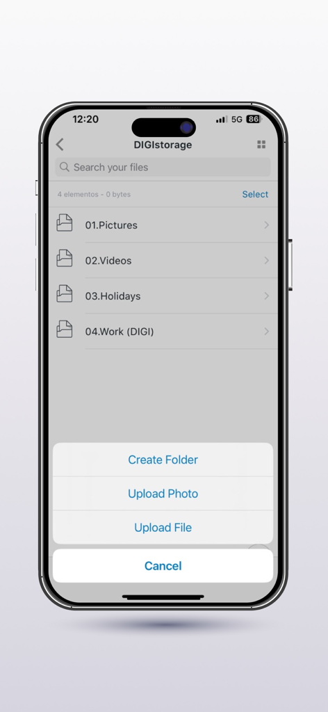 Digi Storage - Interface of the Digi Storage app showing file folders and an action menu for uploading photos or creating folders