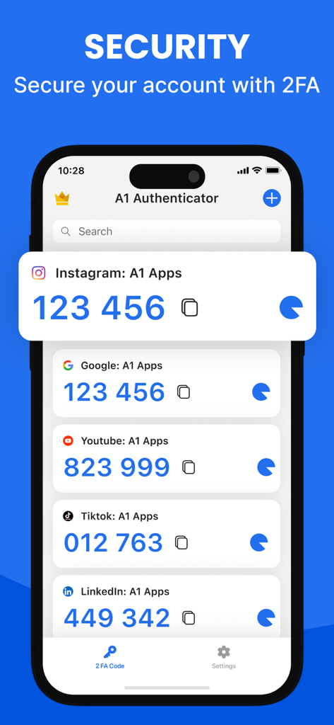 A smartphone screen displaying various 2FA authentication codes for accounts like Instagram, Google, and TikTok.