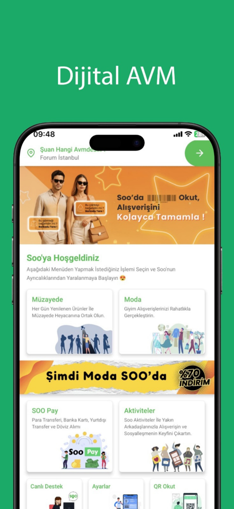 Smartphone displaying the SOO app homepage with digital shopping and payment features