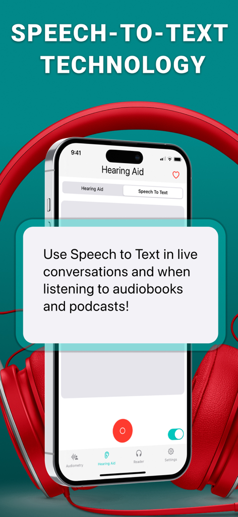 Tela do smartphone mostrando o recurso de tecnologia de fala para texto para um aplicativo de aparelho auditivo