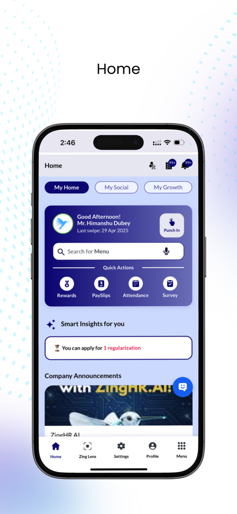 ZingHR - ZingHR mobile application home screen displaying employee dashboard with quick access to payslips and attendance