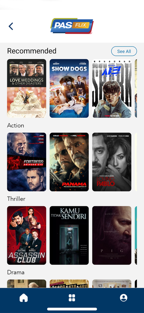 Interface of PASFLIX app showing movie posters under recommended action and thriller categories