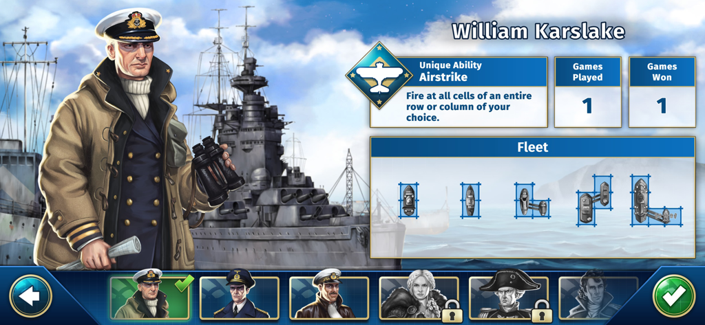 Profile of Commander William Karslake in the BATTLESHIP app showing his unique Airstrike ability and fleet layout.