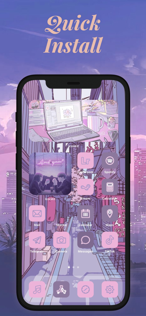 カスタムアイコンとウィジェットを備えた紫のアニメ美的テーマのiPhoneホーム画面