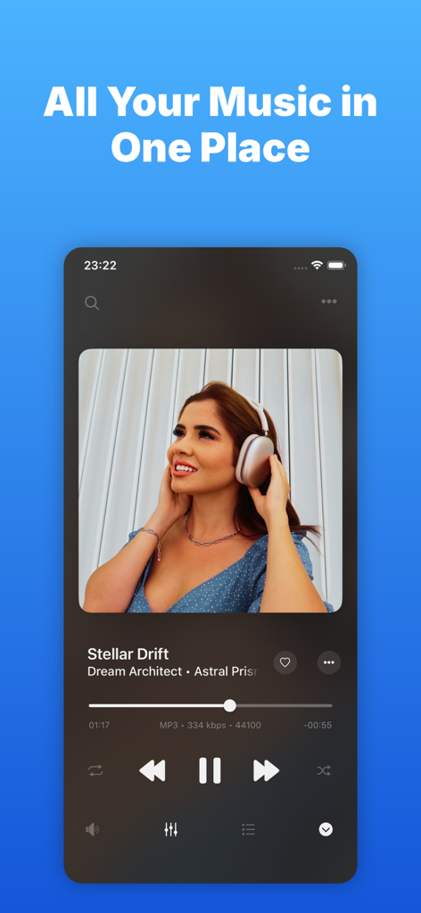 Interface de l'application Evermusic affichant un lecteur de musique avec commandes de lecture et détails des pistes.
