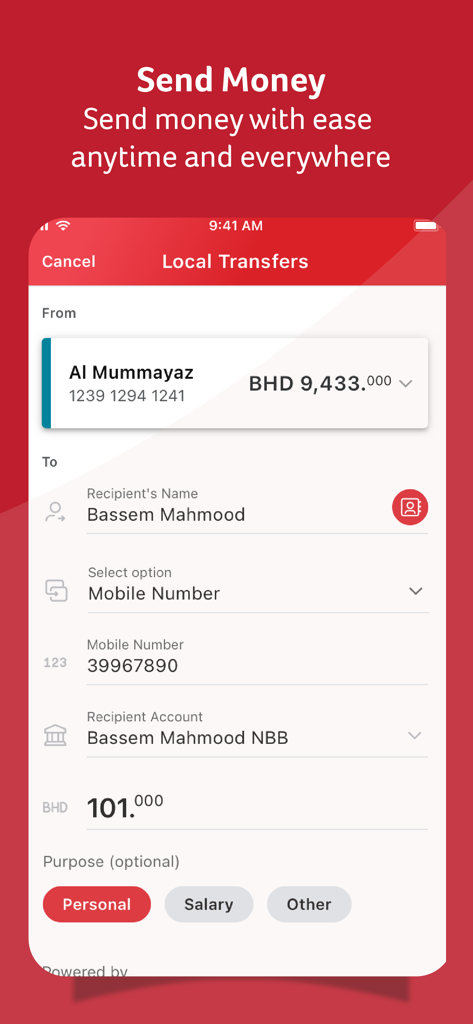 NBB Digital Banking - Interface for sending a local money transfer in the NBB Digital Banking app