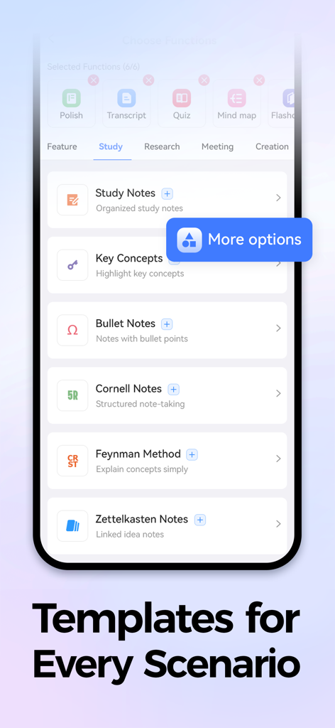 AIgo: AI Meeting Note Taker - Interface do aplicativo AIgo mostrando vários modelos de anotações, como Notas Cornell e Método Feynman.