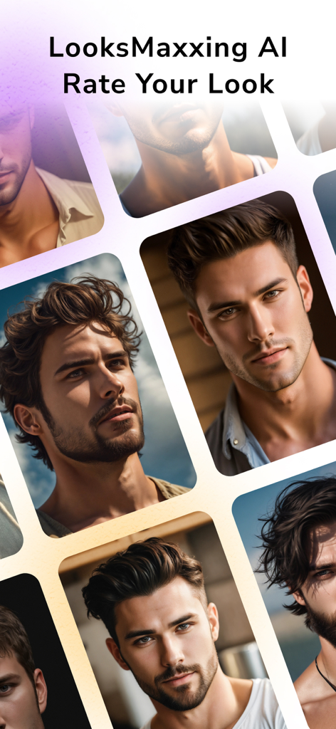 Face Rating - LooksMaxxing AI - Tela do aplicativo LooksMaxxing AI mostrando uma grade de rostos masculinos para avaliação de atratividade