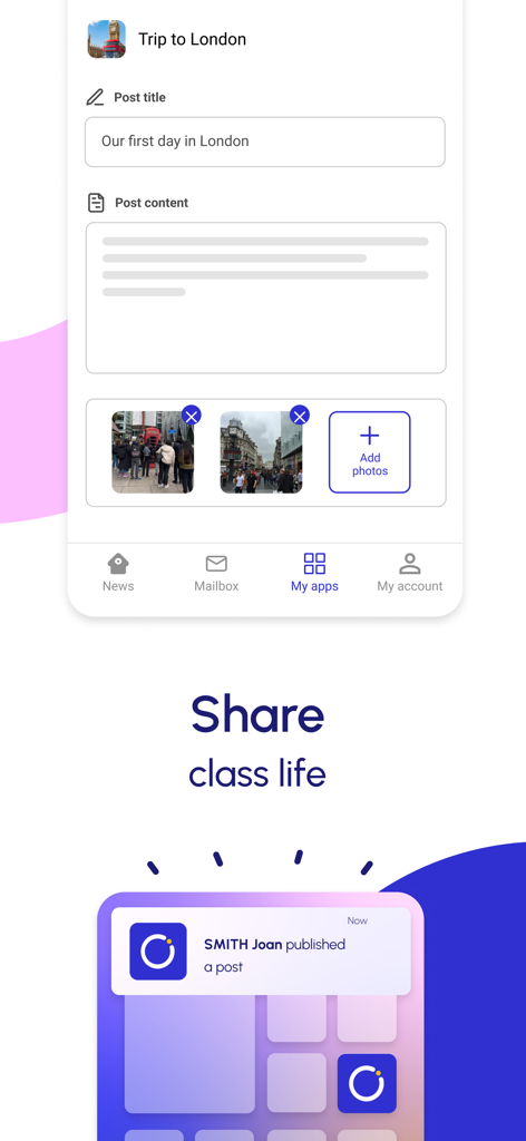 NEO Pocket - Interfaz de la aplicación móvil NEO Pocket mostrando una pantalla de creación de publicaciones de blog para compartir actividades y fotos de la vida en clase