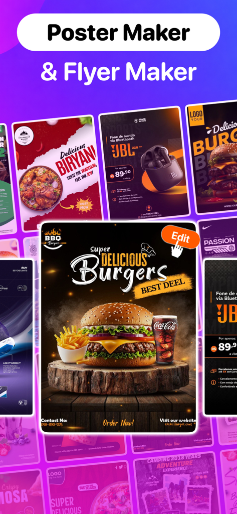 Poster Maker: AI Flyer Creator - ポスターメーカーアプリのインターフェースに表示された、プロ品質のフライヤーとポスターテンプレートのコレクション。