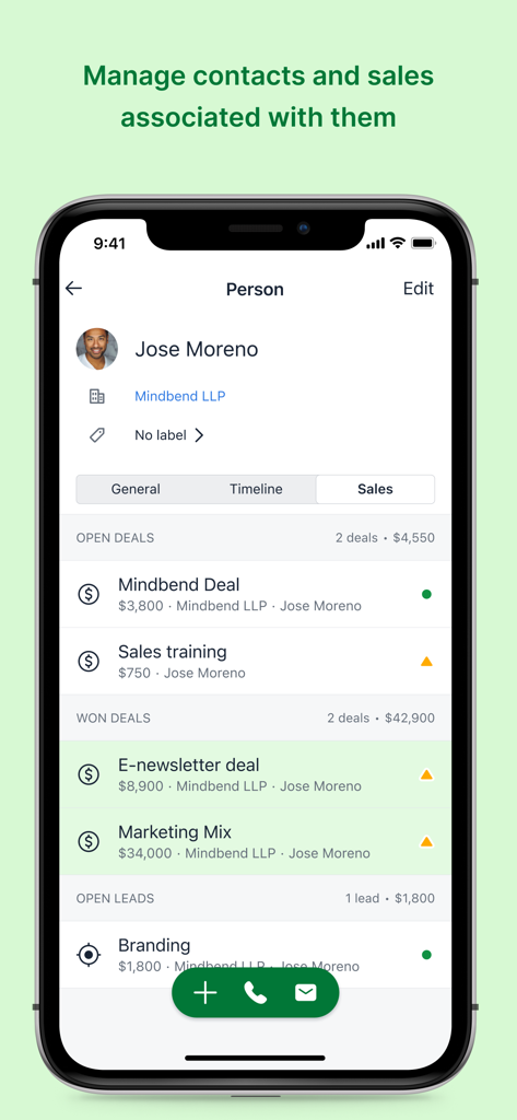CRM sales tracker by Pipedrive - Mobile view of Pipedrive CRM showing contact details and sales deal history
