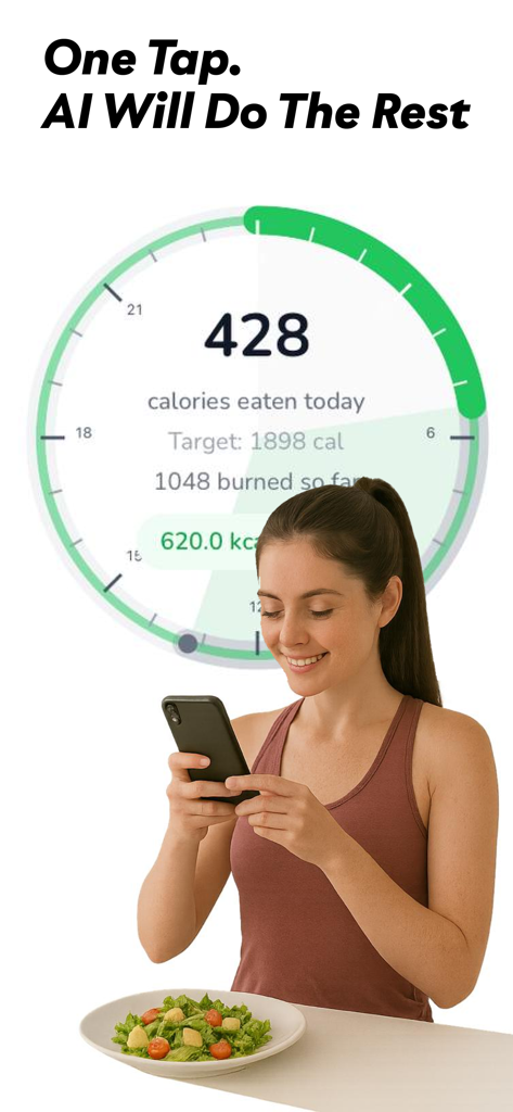 NutriGuide: AI calorie counter - Una mujer tomando una foto de su ensalada para registrar calorías con la IA de NutriGuide