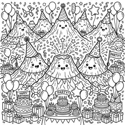 Join the most adorable eruption of fun with our Cinder Cone Birthday Party coloring page! Celebrate with festive volcanoes, party hats, cakes, and confetti in this delightful printable design.