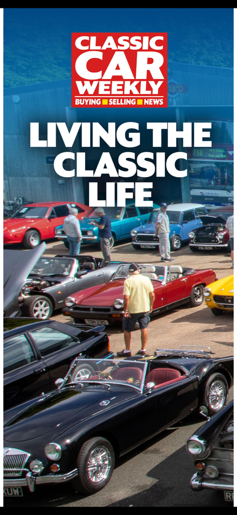 Banner dell'app Classic Car Weekly con un raduno di auto d'epoca e il titolo 'Living the Classic Life'