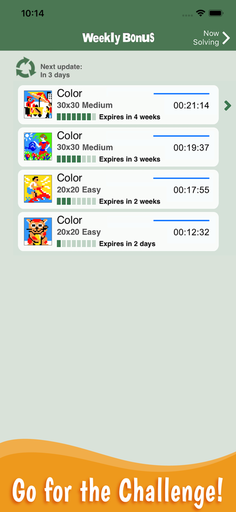 Block-a-Pix: Block Puzzle - A menu showing weekly bonus pixel art puzzles with difficulty levels and completion times