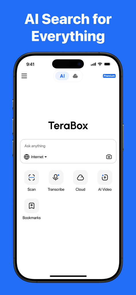Interface de l'application mobile TeraBox affichant la barre de recherche IA et les icônes pour les fonctions de numérisation, de transcription et de stockage cloud