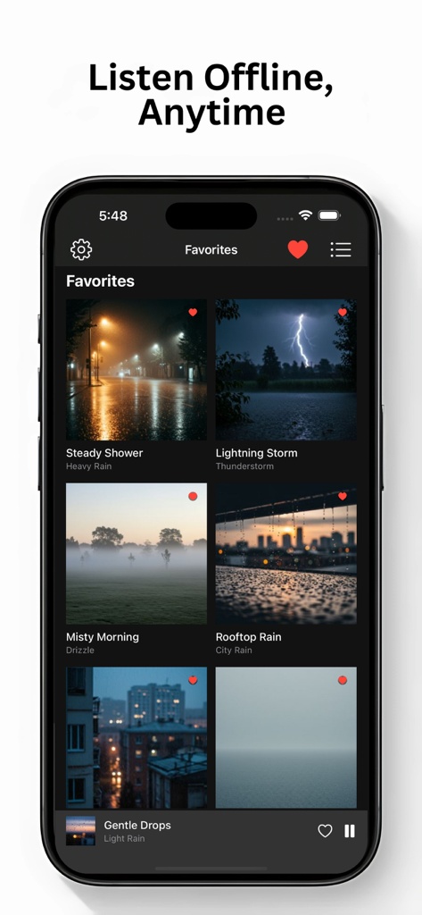 Rain Sounds・ - La pantalla de favoritos de la aplicación Sonidos de Lluvia que muestra varias opciones de audio de lluvia para escuchar sin conexión