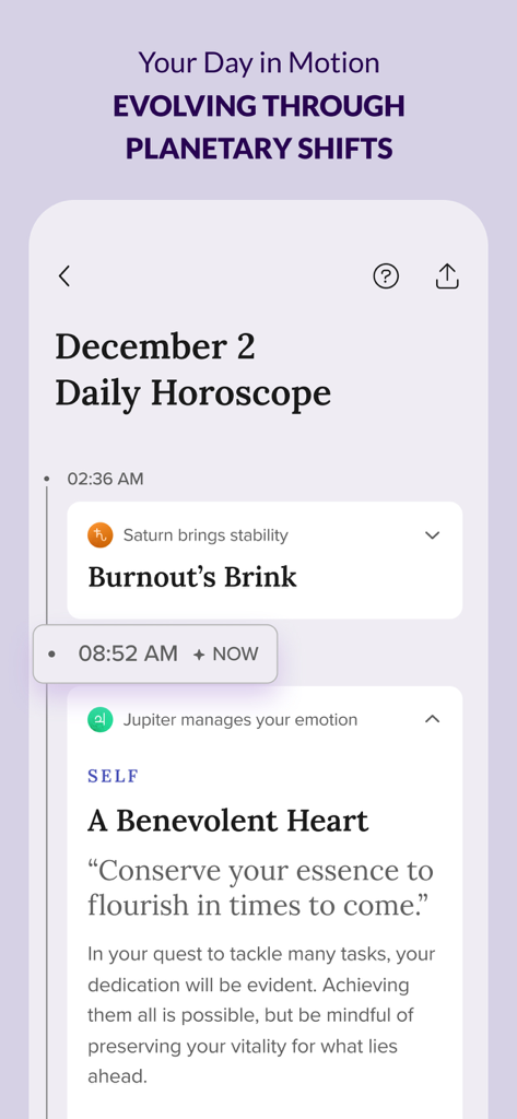 FORCETELLER - Astra Horoscope - Forcetellerアプリのスクリーンショットで、惑星の移行と感情の幸福に関する洞察を含むパーソナライズされた毎日の星占いタイムラインを表示しています。