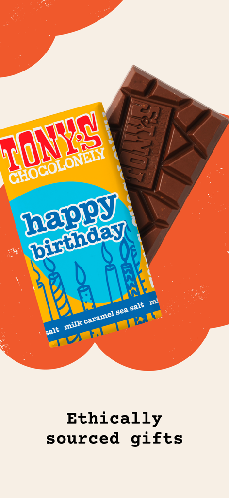A Tonys Chocolonely Happy Birthday chocolate bar shown as an ethically sourced gift option in the thortful app