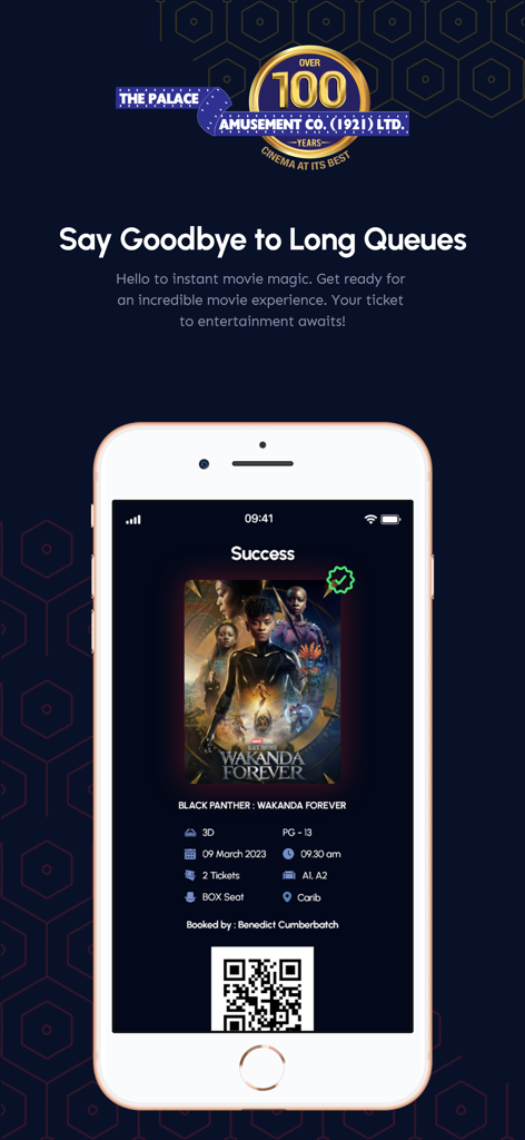 Palace Amusement - Mobile app screen showing a successful digital cinema ticket booking with a QR code