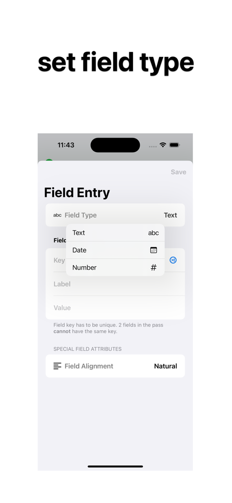 Captura de tela da interface do aplicativo Pass Maker para selecionar um tipo de campo, como texto, data ou número, para um passe digital personalizado