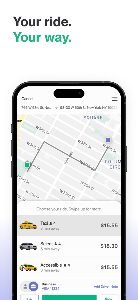 Tela do aplicativo móvel Curb mostrando um mapa da cidade de Nova York e opções de corrida de táxi com preços transparentes