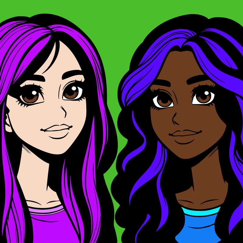 realistic two freinds girls both with blonde hair and brown eyes both hve noses one with straight hair and on with wavy hair realistic