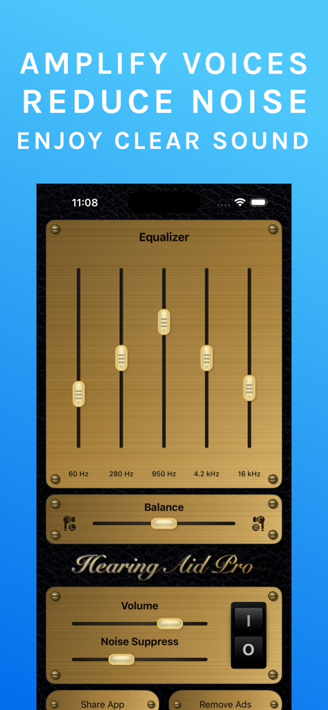 Hearing Aid: Sound Amplifier - Interface do aplicativo Hearing Aid Sound Amplifier com equalizador de frequência e controles de supressão de ruído