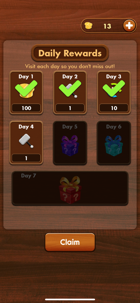 The daily rewards screen in Woody Extreme Block Puzzle showing various login bonuses like coins and boosters on a wooden background