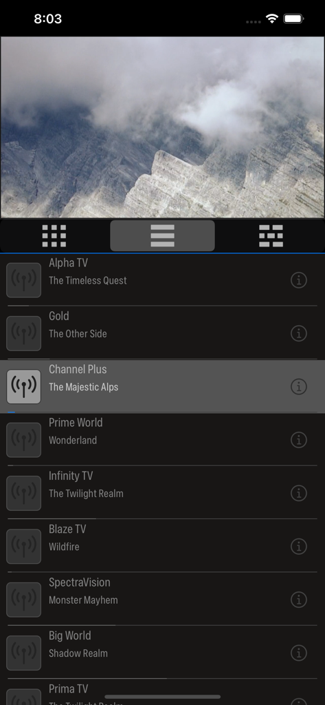 TV Set - TV Set app interface showing a list of live TV channels and a video preview at the top