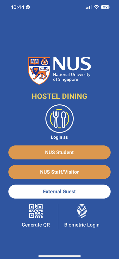 NUS Hostel Dining mobile app login screen with options for students staff and guests