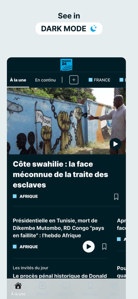 France 24 - World News 24/7 - Capture d'écran de l'application mobile France 24 en mode sombre montrant un article d'actualité sur la côte swahilie en Afrique.
