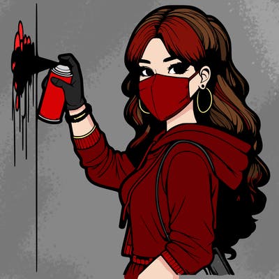 realistic girl with mask spray painting a wall