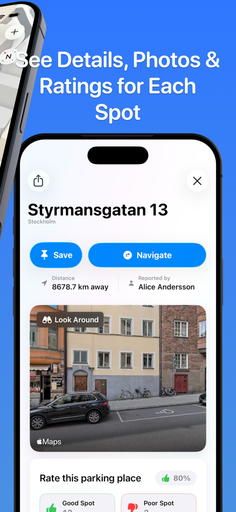 Handiplats - Interfaz de la aplicación Handiplats que muestra fotos, calificaciones de la comunidad y navegación para una plaza de estacionamiento accesible.