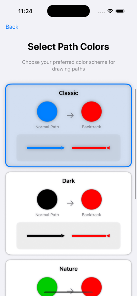 Link & Arrow - Path color selection screen in Link and Arrow app showing Classic Dark and Nature color schemes