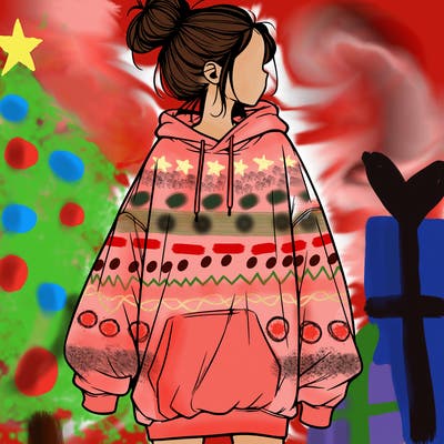 realistic girl with a oversized sweatshirt on and a bun