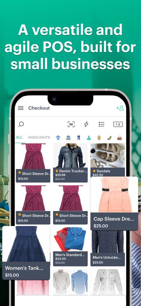 Kyte: POS, Inventory and Store - Kyte mobile app interface showing the checkout screen with a digital catalog of clothing items and prices