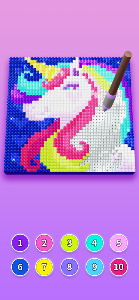 Diamond painting numérique d'une licorne colorée avec un stylet et une palette de couleurs numérotée
