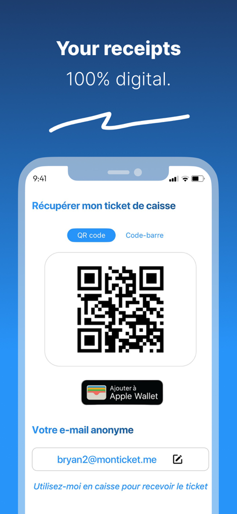 CHECK - Your digital receipts - Smartphone screen displaying a QR code and anonymous email for collecting digital receipts with Apple Wallet integration.