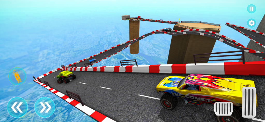 Monster Truck Stunt Car Game - Camión monstruo amarillo compitiendo en una rampa masiva en el cielo
