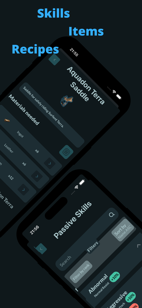 Paltopia: Pal tools & Map - Interface of Paltopia app showing Palworld crafting recipes for saddles and a list of passive skills.