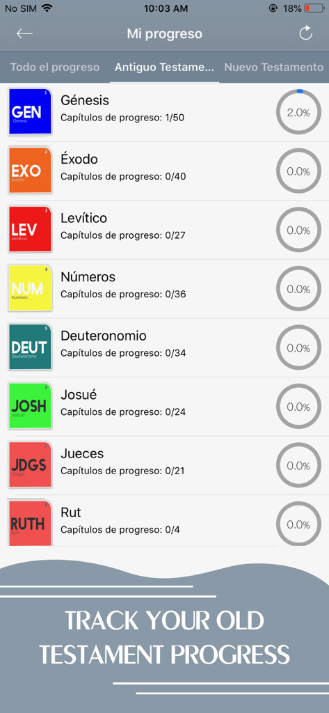 La Biblia · - Écran d'application mobile montrant la progression de la lecture des livres de l'Ancien Testament en espagnol