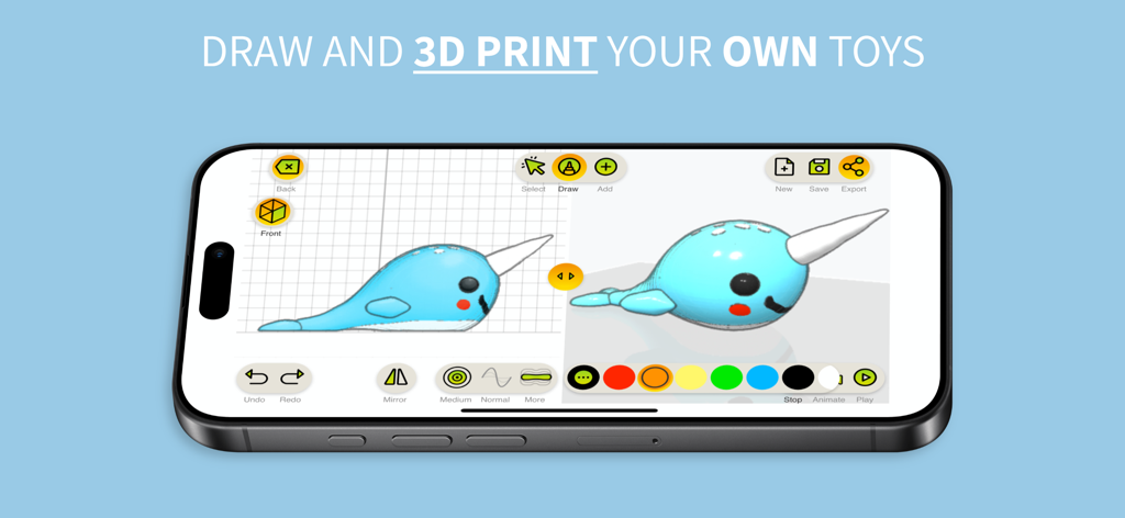 ToyCAD: Easiest 3D Drawing App - 3D 물개 모델과 그리기 도구가 있는 ToyCAD 앱 인터페이스를 보여주는 스마트폰 화면